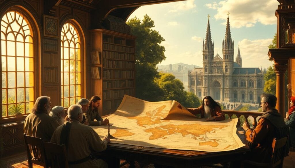 A serene, Renaissance-inspired landscape bathed in warm, golden light. In the foreground, a group of scholars and artists gathered around a large, ornate wooden table, deep in animated discussion. Behind them, a towering bookshelf filled with ancient tomes, while a window overlooking a lush garden provides a tranquil backdrop. In the middle ground, a large, intricate map unfurls, its parchment illuminated by the soft glow of candlelight. In the distance, a magnificent cathedral with soaring spires and ornate facades dominates the skyline, reflecting the harmony between the realms of art and science. The entire scene radiates an atmosphere of intellectual curiosity, artistic expression, and the timeless pursuit of knowledge.
