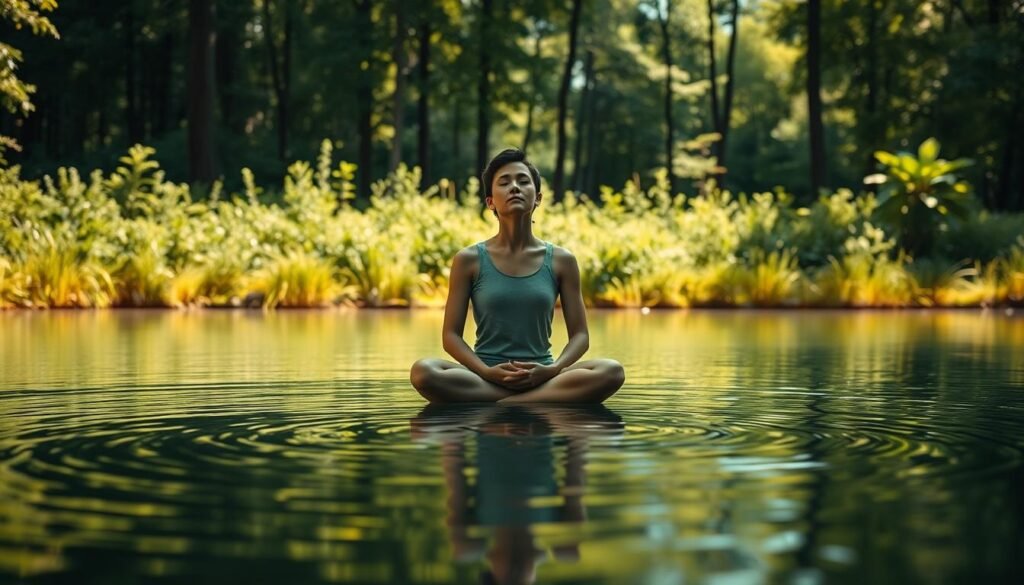 A serene and contemplative scene of mental health and truth. The foreground depicts a tranquil pond, its still waters reflecting the sky above. In the middle ground, a person sits cross-legged, their eyes closed in meditation, their expression one of deep introspection. The background is a lush, verdant forest, sunlight filtering through the leaves, creating a warm, inviting atmosphere. The lighting is soft and natural, casting gentle shadows. The overall mood is one of calm, clarity, and a deep connection to the inner self and the natural world. The image conveys the challenges and opportunities of facing the truth, inviting the viewer to reflect on the relationship between mental well-being and authenticity.