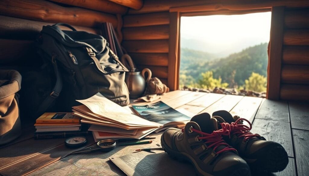 A serene backpacker's haven, with a traveler's pack and hiking essentials laid out against a warm, rustic wooden backdrop. Soft, natural lighting casts a cozy glow, highlighting a map, guidebooks, and a well-worn compass - tools for the adventurous journey ahead. In the foreground, a pair of sturdy hiking boots stands ready, while in the distance, a lush, verdant landscape suggests the wonders that await the intrepid explorer. This image captures the essence of key strategies for a fulfilling, budget-friendly around-the-world adventure.