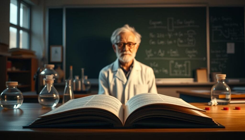 A serene, dimly lit classroom setting illuminates the scientific legacy of a renowned educator. In the foreground, an open textbook and laboratory equipment suggest the fusion of academia and groundbreaking research. The middle ground features a portrait of the esteemed scientist, their gaze radiating wisdom and inspiration. In the background, a chalkboard displays equations and diagrams, hinting at the profound impact of their work on the next generation of scholars. Soft, warm lighting casts a contemplative atmosphere, inviting the viewer to reflect on the enduring educational influence of this scientific luminary.