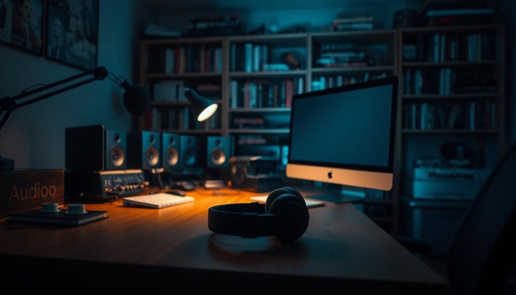 A serene, dimly lit home office with an array of audio equipment on a wooden desk. A pair of high-quality headphones rests on the surface, the soft glow of a computer monitor illuminating the scene. In the background, shelves brimming with audio books and podcasting gear hint at a world of untapped knowledge waiting to be discovered. The atmosphere is one of contemplation and curiosity, inviting the viewer to immerse themselves in the boundless potential of auditory content.