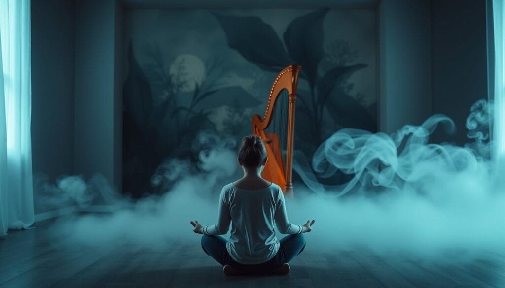 A serene, dimly lit room with soft, ambient lighting. In the foreground, a person sits cross-legged on the floor, eyes closed, immersed in the soothing sounds of a live harp performance. The harp player, in the middle ground, is framed by gentle, swirling ethereal mist, creating a sense of tranquility and introspection. In the background, a large, abstract mural in muted blues and greens evokes a calming, therapeutic atmosphere. The overall scene conveys the emotional and psychological benefits of music therapy, fostering a sense of inner peace, relaxation, and healing.
