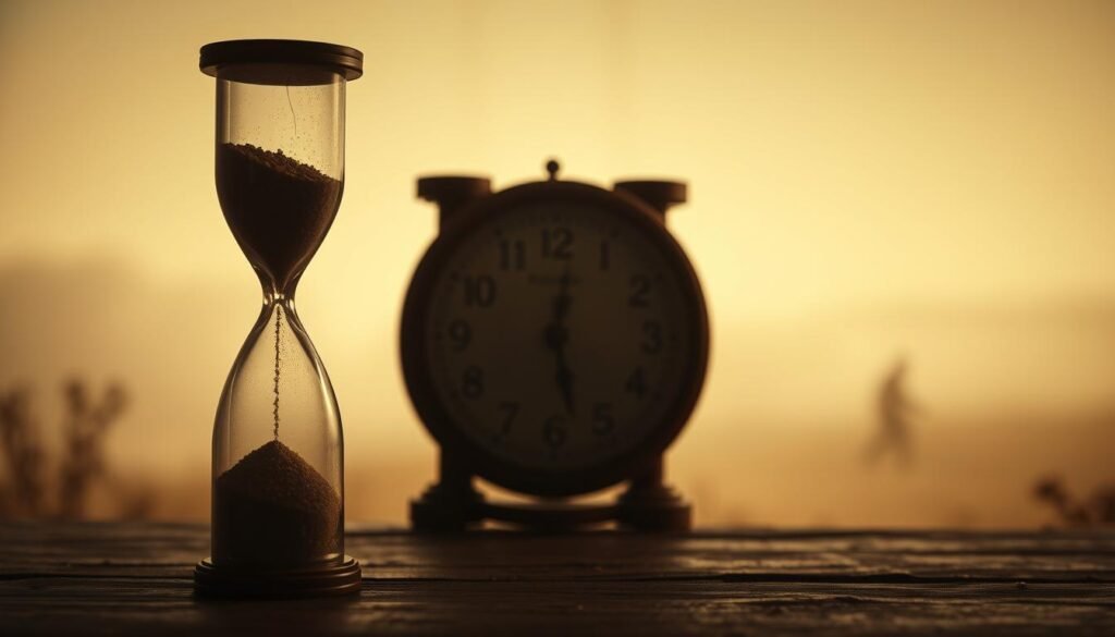 A serene, dimly lit scene depicting the interplay of memory and temporal perception. In the foreground, an hourglass stands as a symbolic representation of the passage of time, its grains of sand cascading downward in a measured, hypnotic rhythm. The middle ground features a weathered, analog clock, its hands frozen in an ambiguous, fleeting moment, hinting at the subjective nature of our experience of time. In the background, a hazy, dreamlike landscape unfolds, with soft, ethereal light filtering through a mist, evoking the ephemeral and elusive quality of memory and the subjective perception of change over time. The scene is bathed in a warm, sepia-toned palette, creating a sense of nostalgic contemplation. Subtle, textural details throughout the image suggest the layered, complex interplay between the objective and subjective dimensions of temporal experience.