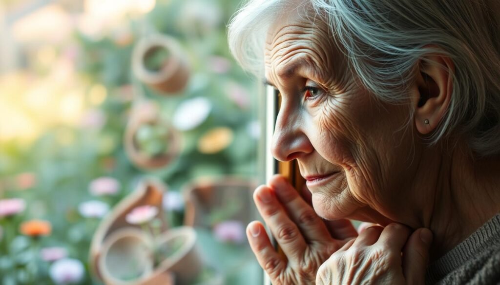 A serene elderly woman gazing at her reflection in a window, her face etched with the wisdom of years. Soft natural light filters through the glass, casting a warm, introspective glow. In the background, a lush garden scene with blooming flowers symbolizes the acceptance and beauty of the aging process. The woman's expression is one of contemplation, not sorrow, as she embraces the changes that come with time. Subtle details like her weathered hands and the subtle creases around her eyes convey a sense of lived experience. The composition is balanced, allowing the viewer to focus on the woman's introspective moment and the themes of aging and self-acceptance.