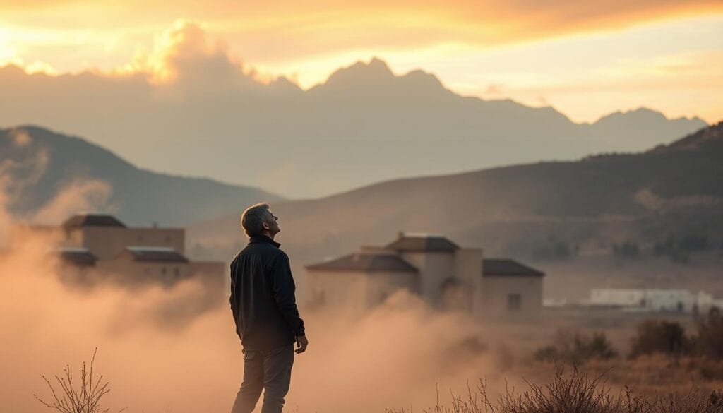 A serene, ethereal landscape depicting the mysterious "Taos Hum" and its profound impact on the local community. In the foreground, a pensive local resident stands amidst swirling mists, gazing upwards as if seeking the source of the elusive, otherworldly sound. The middle ground features a cluster of traditional adobe buildings, their earthy tones contrasting with the ethereal atmosphere. In the background, majestic mountains rise, their rugged silhouettes partially obscured by the hazy, vibrant sky. Soft, diffused lighting casts a contemplative, almost spiritual ambiance over the scene, hinting at the profound, international significance of this strange, auditory phenomenon.