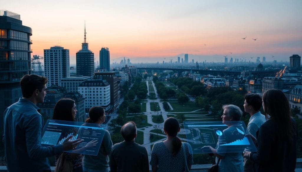 A serene, evenly lit cityscape at dusk, with a mix of modern and historical architecture. In the foreground, a group of diverse individuals engaged in thoughtful discussion, gesturing towards holographic displays showcasing data visualizations and ethical frameworks for surveillance. The middle ground features a network of interconnected paths and green spaces, hinting at a balanced, community-centric approach to urban design. In the background, the skyline is dotted with subtle surveillance cameras, suggesting the ever-present yet unobtrusive nature of ethical monitoring systems. An atmosphere of openness, collaboration, and a shared commitment to responsible technological progress pervades the scene.