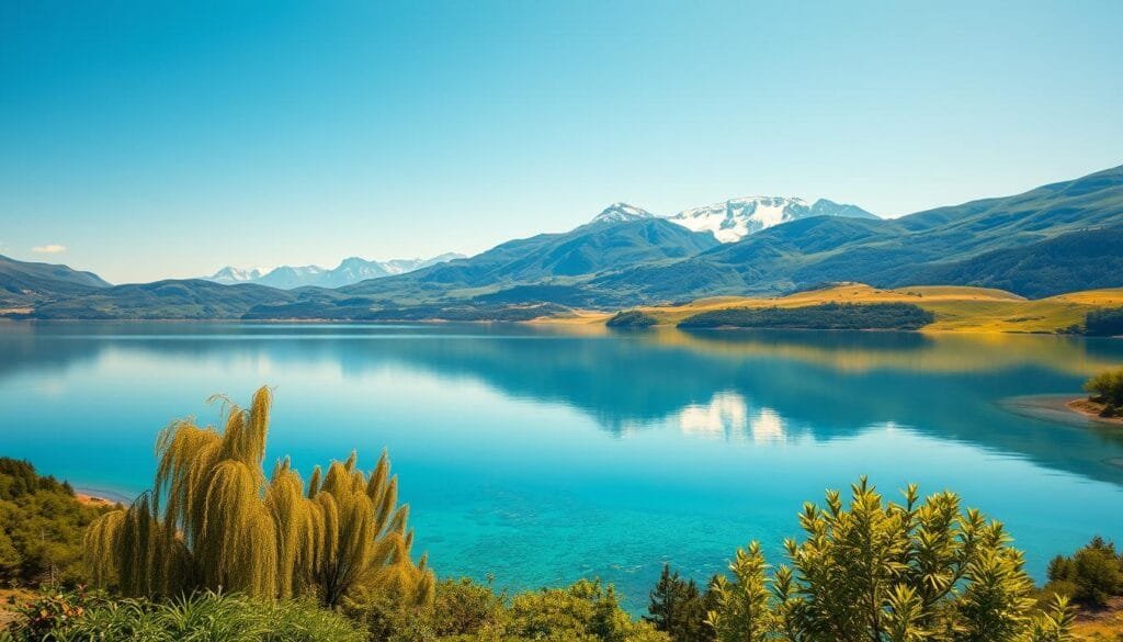 A serene, expansive landscape of pristine freshwater lakes nestled amidst verdant hills and towering mountains. The crystal-clear waters reflect the azure sky above, creating a mesmerizing mirror-like effect. Lush, verdant vegetation lines the shores, with weeping willows gently swaying in the soft breeze. The scene is bathed in warm, golden sunlight, casting a tranquil, almost ethereal atmosphere. In the distance, snow-capped peaks rise majestically, completing the idyllic, untouched natural setting. The viewer is immersed in a world where the typical saltwater oceans have been replaced by these serene, freshwater lakes, inviting them to imagine the profound changes to the planet's ecosystems.