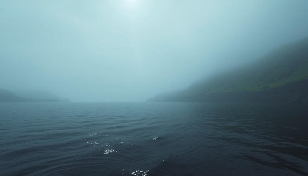 A serene, interactive virtual exploration of the legendary Loch Ness, shrouded in a moody, atmospheric haze. The shimmering surface of the deep, mysterious lake reflects the rugged, verdant Scottish highlands surrounding it. A realistic, immersive 3D environment invites the viewer to navigate and discover the loch's hidden depths, with a sense of wonder and the possibility of encountering the elusive Nessie. Subtle lighting and cinematic camera angles enhance the sense of scale and mystery, creating a captivating, engaging experience that captures the essence of this legendary cryptozoological wonder.