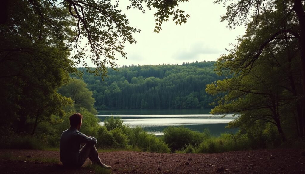 A serene, introspective landscape where the power of introverts shines. In the foreground, a solitary figure sits in deep contemplation, their face cast in soft, pensive light. The middle ground features a lush, verdant forest canopy, the leaves gently swaying in a gentle breeze. In the background, a tranquil lake reflects the hues of the sky, creating a sense of calm and introspection. The overall mood is one of quiet strength, inner focus, and the profound impact of those who prefer to observe and ponder rather than shout. The scene is captured through a wide-angle lens, emphasizing the vastness and serenity of the environment.