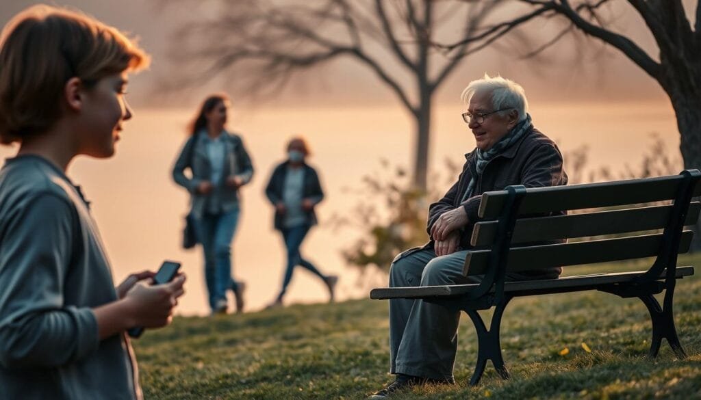 A serene landscape depicting the stages of life through music. In the foreground, a young person listens to a portable music player, lost in the melody. In the middle ground, a mature adult strolls, headphones on, immersed in the rhythms of their time. In the background, an elderly person sits on a park bench, a nostalgic smile upon their face as they recall the songs that defined their youth. Soft, diffused lighting casts a warm, introspective glow, while the composition flows with a sense of timelessness and the interconnectedness of musical experiences across a lifetime.