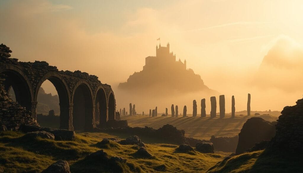 A serene landscape dotted with ancient stone ruins, shrouded in an ethereal mist. In the foreground, crumbling arches and mossy walls hint at a forgotten civilization. The middle ground reveals mysterious standing stones, their enigmatic silhouettes casting long shadows across the verdant hillsides. In the distance, a majestic castle perches atop a rugged cliff, its towering spires evoking the grandeur of a bygone era. Warm, golden light filters through the hazy atmosphere, lending an air of timeless mystique to the scene. A sense of wonder and discovery pervades the setting, as if the viewer is stumbling upon the last vestiges of a legendary kingdom.