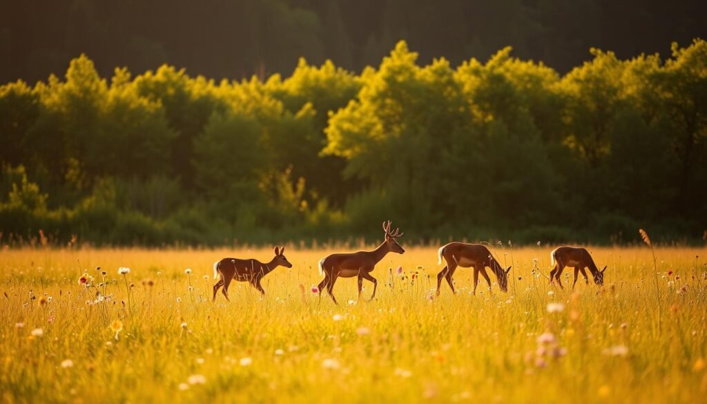 A serene meadow bathed in warm, golden sunlight. In the foreground, a family of deer graze peacefully, their movements graceful and unhurried. In the middle ground, a diverse array of wildflowers sway gently in the breeze, their petals reflecting the honesty and purity of nature. In the distance, a verdant forest stands tall, symbolizing the resilience and endurance of an ecosystem built on truthful foundations. The overall atmosphere conveys a sense of tranquility and harmony, suggesting the natural evolution of honest behavior in a world without deception.