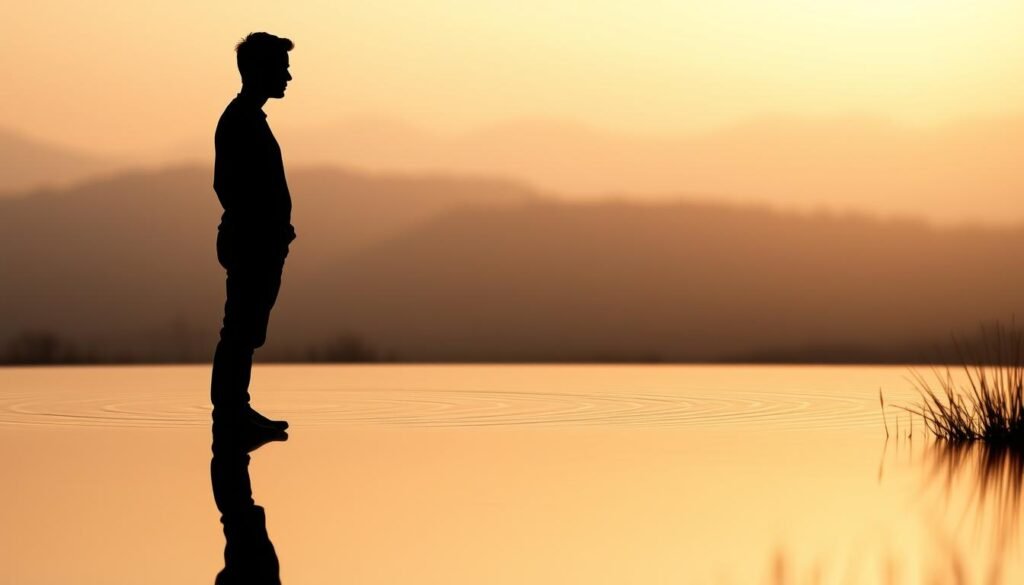 A serene, minimalist scene depicting the interconnected concepts of self-concept, self-image, and self-esteem. In the foreground, a person's silhouette stands in contemplation, their form reflected in a tranquil pool of water. The background is a softly blurred, natural landscape, bathed in warm, diffused lighting that creates a sense of introspection and self-discovery. The composition is balanced and calming, inviting the viewer to ponder the relationship between one's internal and external perceptions of the self.