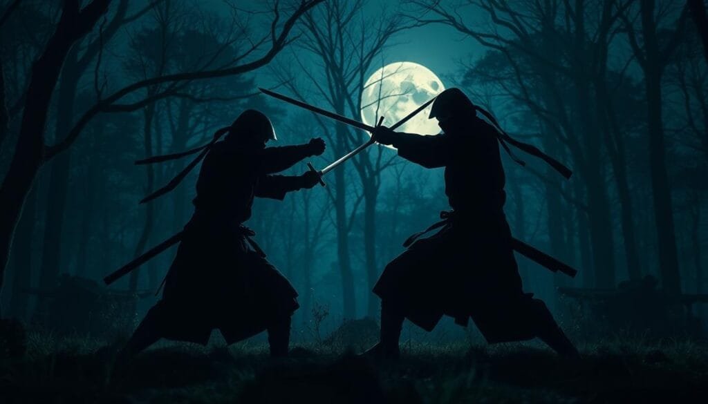A serene moonlit forest glade, the soft glow illuminating the silhouettes of two ninja warriors locked in a fierce and graceful battle. Their swords flash in the night, the air alive with the sound of steel on steel as they execute a series of lightning-fast slicing, thrusting, and parrying maneuvers - the embodiment of centuries-old samurai combat tactics. The combatants move with feline agility, their faces obscured by shadow, focused only on the deadly dance of their blades. The atmosphere is tense, the outcome uncertain, as these masters of stealth and honor seek to gain the upper hand through a display of skill, speed, and strategy.