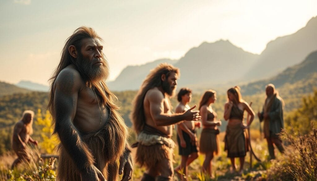 A serene, panoramic scene depicting a cultural exchange between two distinct human species. In the foreground, a Homo sapiens and a Neanderthal stand side by side, their expressions conveying a sense of curious fascination. The Neanderthal's rugged features and thick fur-lined clothing contrast with the Homo sapiens' more gracile build and more minimal attire. In the middle ground, a group of the two species engage in what appears to be a peaceful dialogue, gesturing and interacting with one another. The background is a lush, verdant landscape, with towering mountains in the distance, bathed in warm, golden sunlight that casts a gentle glow over the scene. The overall mood is one of harmony, cooperation, and the mutual exploration of cultural differences.
