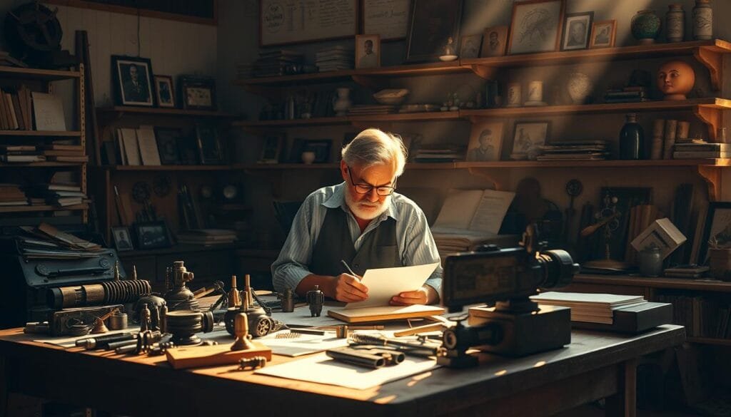 A serene, sun-dappled workshop where a dedicated inventor earnestly pores over their latest creation. The scene is bathed in warm, diffused lighting that casts soft shadows, creating an atmosphere of focused concentration and quiet determination. In the foreground, a weathered workbench holds an array of tools, prototypes, and sketches, hinting at the inventor's tireless pursuit of their vision. The middle ground features the inventor themselves, their expression one of resolute perseverance as they examine their work, undaunted by past setbacks. The background depicts shelves lined with books, trinkets, and inspiring mementos - a visual metaphor for the enduring legacy of those who dare to innovate.