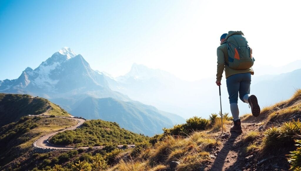 A serene trekking scene with a hiker carefully navigating a winding mountain trail, surrounded by towering peaks and a crisp, clear sky. In the foreground, the hiker wears proper hiking gear, including a backpack, sturdy boots, and a windbreaker, symbolizing preparation for the high-altitude conditions. The middle ground features lush, verdant alpine vegetation, conveying the natural beauty of the Andes. In the background, majestic snow-capped mountains rise, evoking the grandeur and challenge of the Inca Trail. The lighting is soft and diffused, creating a peaceful, contemplative atmosphere. The overall composition emphasizes the importance of health and safety precautions when undertaking high-altitude trekking.