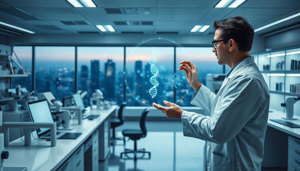 A serene, well-lit laboratory setting with various scientific instruments and equipment. In the foreground, a researcher in a white lab coat examines a glowing holographic display depicting a molecular structure, representing the CRISPR gene editing process. The middle ground features sleek, modern workstations and microscopes, conveying a sense of precision and control. The background showcases a large panoramic window overlooking a futuristic cityscape, symbolizing the potential impact of this technology on society. The overall mood is one of thoughtful contemplation, balancing the promise and peril of genetic engineering.