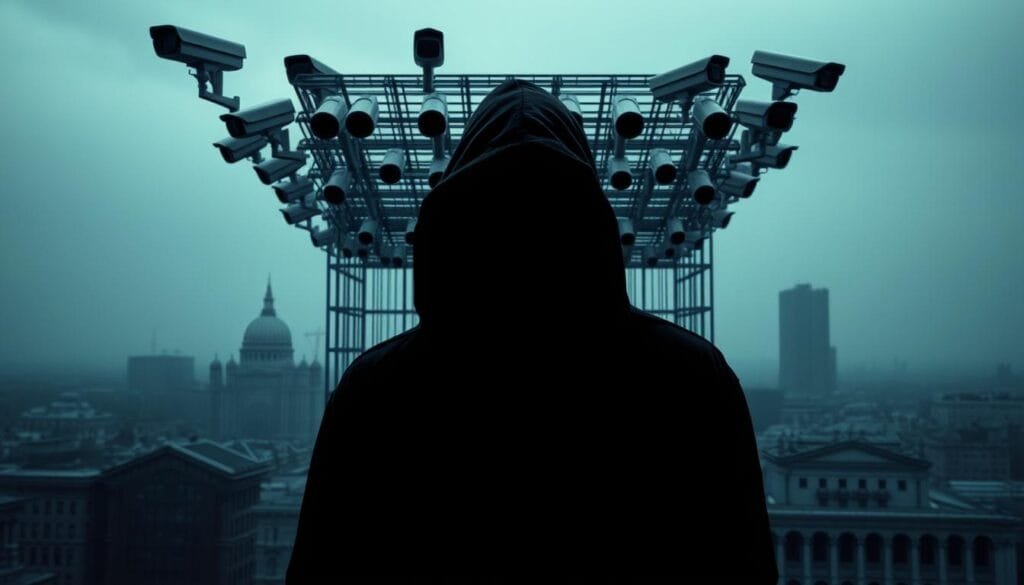 A shadowy figure stands in the foreground, their face obscured by a hooded cloak, symbolizing the intrusion of mass surveillance into personal privacy. In the middle ground, a grid of security cameras looms, casting an ominous presence. The background depicts a cityscape, its buildings and infrastructure representing the pervasive reach of surveillance networks. The scene is bathed in a cool, muted color palette, evoking a sense of unease and the erosion of civil liberties. Dramatic lighting creates deep shadows, further emphasizing the sense of encroachment on human rights.