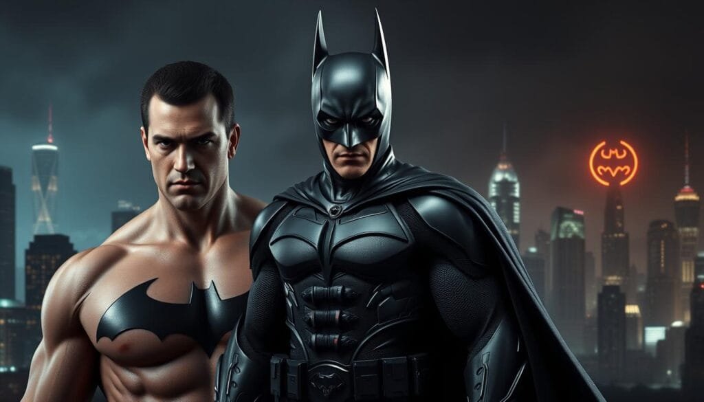 A side-by-side comparison of three distinct Batman AI-generated versions, each capturing a unique interpretation of the iconic Caped Crusader. The foreground showcases the brooding, muscular physique of the vigilante, his piercing gaze and sharp jawline conveying a sense of determination and intensity. In the middle ground, the AI has rendered a sleek, high-tech Batsuit, complete with intricate gadgets and a midnight-black cape that billows dramatically. The background depicts a moody, neon-lit Gotham City skyline, with towering skyscrapers and the Bat-Signal casting an ominous glow across the scene. The overall atmosphere is one of gritty realism, blending the dark, gothic elements of the Batman mythos with a touch of futuristic sophistication.