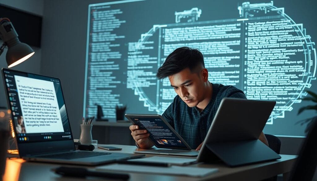 A sleek and modern workspace, the foreground features a laptop and tablet displaying AI-generated images, alongside various creative tools. In the midground, a focused individual carefully crafts an intricate prompt, their expression one of deep concentration. The background showcases a holographic display, revealing the intricate process of prompt engineering, with lines of code and data visualizations illuminating the AI's inner workings. Soft, diffused lighting casts a contemplative mood, while clean, minimalist design elements convey the precision and power of the text-to-image AI model.