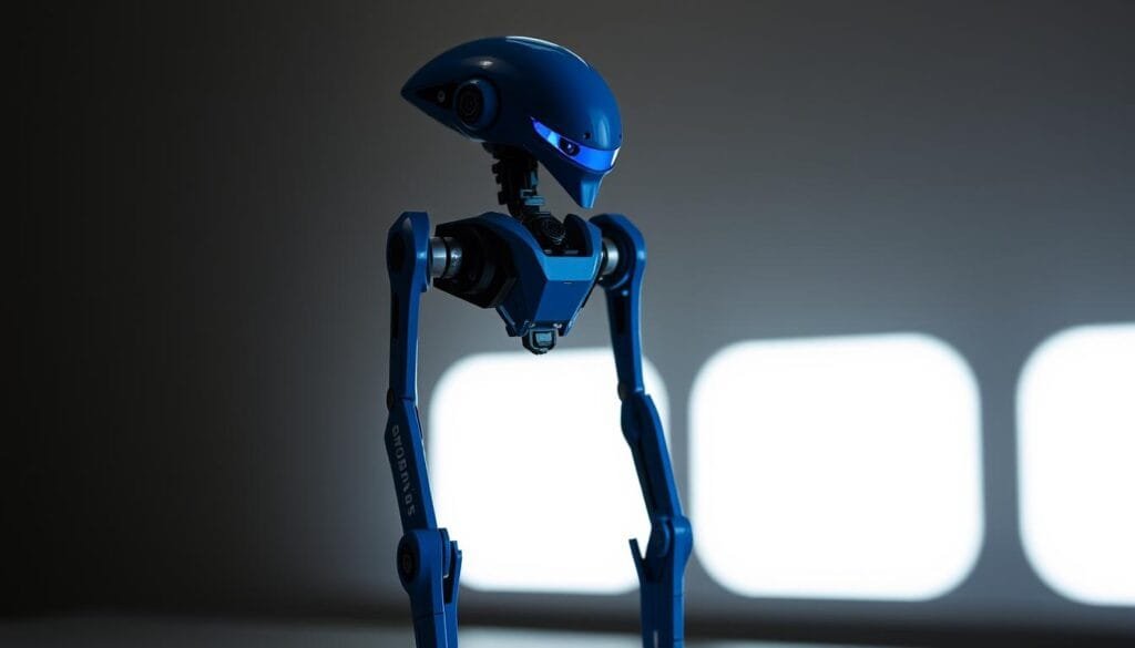 A sleek, blue-hued robotic figure inspired by the iconic droids of the Star Wars universe. The android's graceful, humanoid form is a seamless blend of advanced mechanisms and elegant design, its movements fluid and precise. Ambient lighting casts dramatic shadows, highlighting the intricate details of its exoskeleton and the faint glow of its optical sensors. The robot stands poised, ready to assist or defend, its actions imbued with a sense of determination and purpose evocative of the resourceful companions that have captured the imaginations of generations of Star Wars fans.