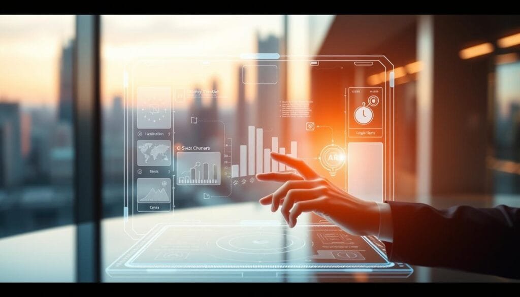 A sleek, futuristic AR interface design, with a clean and minimalist aesthetic. The foreground features a seamless holographic display, with intuitive touch controls and dynamic visualizations. The middle ground showcases a user's hands interacting with the interface, creating a sense of immersion. The background depicts a subtly blurred cityscape, hinting at the integration of AR technology into the real world. Soft, directional lighting casts a warm glow, evoking a sense of calm and focus. The overall scene conveys the elegance and sophistication of next-generation augmented reality experiences.