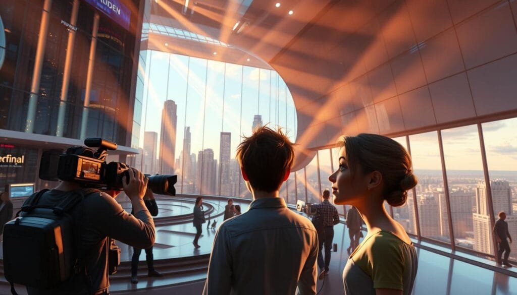 A sleek, futuristic film studio with a towering glass facade, reflecting the vibrant skyline. Inside, a team of creative visionaries harness the power of cutting-edge technology, blending captivating narratives with innovative visual effects. Rays of warm, cinematic lighting dance across the scene, highlighting the intricate interplay of pixels and emotional depth. Cutting-edge cameras capture the essence of a Pixar character, their nuanced expressions and movements meticulously crafted through the lens of artificial intelligence. This is the new frontier of cinematic storytelling, where technology and artistry converge to redefine the boundaries of the silver screen.