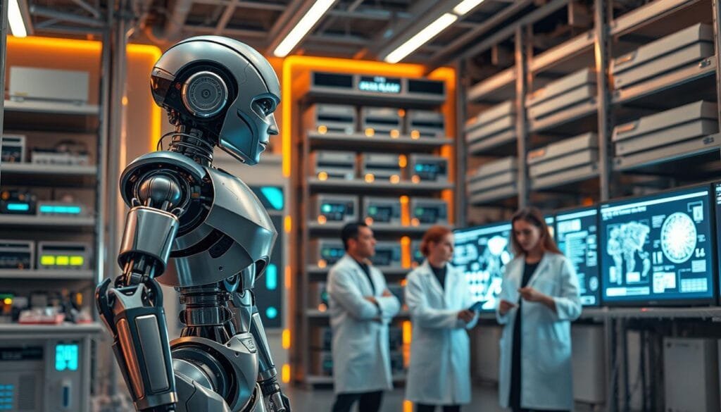 A sleek, futuristic laboratory setting with advanced robotic systems and glowing holographic displays showcasing cutting-edge artificial intelligence algorithms. In the foreground, a humanoid robot stands tall, its metallic frame and intricate mechanisms conveying a sense of intelligent autonomy. In the middle ground, a team of researchers in lab coats examines data visualizations on seamless digital interfaces, their expressions intense with contemplation. The background is filled with towering shelves of state-of-the-art equipment, casting a warm, ambient glow that illuminates the scene with a sense of technological progress and scientific discovery. The overall atmosphere evokes a balance between human and machine, hinting at the profound implications of the rise of AI and robotics.