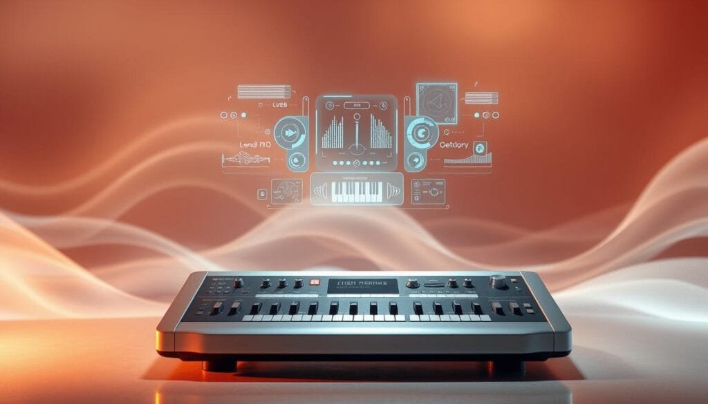 A sleek, futuristic music generator stands in the foreground, its metallic exterior gleaming under the soft, warm lighting. In the middle ground, a series of holographic controls and interfaces float ethereally, allowing the user to manipulate the generator's musical output with fluid, intuitive gestures. The background is a dreamlike, abstract landscape, featuring undulating waves of color and texture that evoke the flowing, dynamic nature of music creation. The overall scene conveys a sense of technological sophistication and artistic expression, hinting at the revolutionary potential of AI-powered musical composition.
