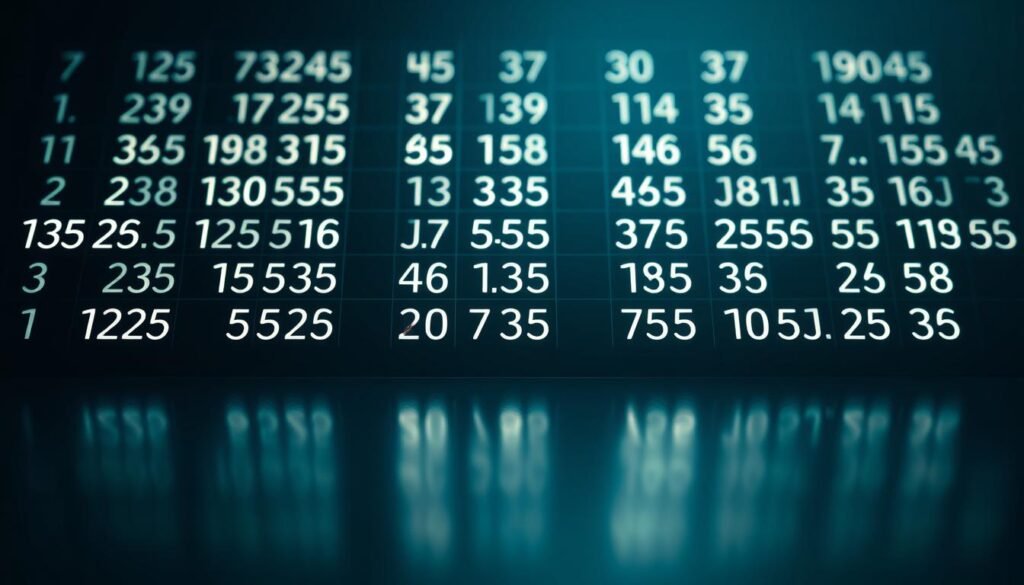 A sleek, minimalist composition depicting a grid of numeric combinations on a dark, reflective surface. The numbers appear to be illuminated from within, casting a soft, mesmerizing glow. The lighting is dramatic, with strong contrasts between light and shadow, creating a sense of depth and mystique. The perspective is slightly elevated, inviting the viewer to ponder the alluring patterns and their potential significance. The overall mood is one of intrigue and subtle elegance, evoking the enchanting world of probability and chance.