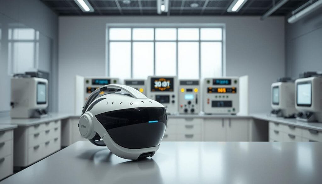 A sleek, minimalist laboratory setting showcases an array of cutting-edge sensory substitution devices. In the foreground, a futuristic headset with embedded sensors and a smooth, curved design sits atop a clean, metal workbench. Behind it, a collection of modular interface units and control panels with glowing displays creates a sense of technological sophistication. The background features floor-to-ceiling windows, bathing the scene in soft, natural light and creating an airy, high-tech ambiance. The overall composition conveys a sense of innovation and the potential for enhanced human perception through advanced sensory augmentation technologies.