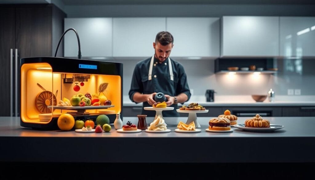 A sleek, modern kitchen counter with a 3D food printer in the foreground, showcasing a variety of printed food items, including colorful fruits, vegetables, and pastries. The printer is backlit, creating a warm, inviting glow. In the middle ground, a chef examines the printed creations, their expression one of curiosity and delight. The background features a minimalist, well-lit kitchen space with clean lines and modern appliances, suggesting the integration of this innovative technology into the modern culinary experience. The overall scene conveys the benefits and potential of 3D food printing, highlighting its ability to personalize and customize meals with precision and creativity.