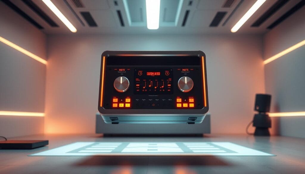 A sleek, modern music generator device levitating in the center of the frame, its metallic casing and glowing control panels bathed in a soft, warm light. The background is a minimalist, high-tech workspace with subtle patterns and textures, evoking a sense of innovation and creativity. The composition emphasizes the generador música's elegant design and advanced capabilities, inviting the viewer to imagine the possibilities of AI-powered music composition.