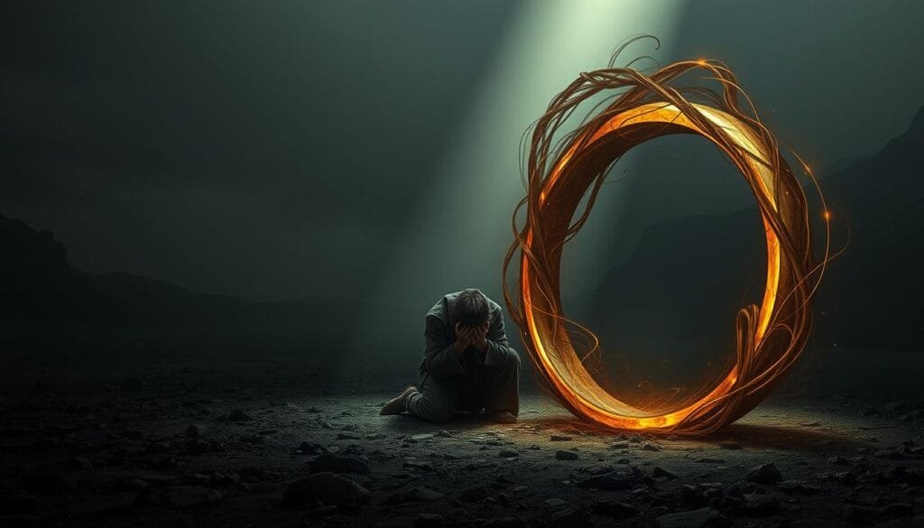 A solitary, anguished figure kneels in the desolate, shadowy realm of Mordor, the corrupting power of the One Ring consuming his very being. The once-steadfast Frodo Baggins is now a broken vessel, his eyes reflecting the dark ennui of his succumbing to the Ring's malevolent sway. Swirling tendrils of dark energy emanate from the golden circlet, enveloping Frodo in a suffocating embrace. The vast, foreboding landscape of Sauron's domain looms behind him, a stark reminder of the dire consequences of his failure. Somber hues of gray, brown, and black dominatethe scene, conveying the hopelessness and despair of this fallen hero's fate. A single shaft of eerie, ominous light pierces the gloom, casting an otherworldly glow upon Frodo's tormented form.