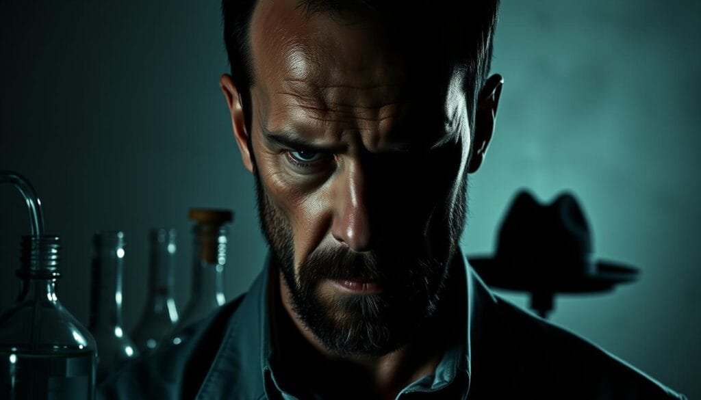 A somber, chiaroscuro portrait of a man's transformation. In the foreground, a pensive Walter White, his face partially obscured by shadows, contemplates a set of lab equipment - beakers, tubing, and a Bunsen burner. The middle ground reveals the subtle emergence of his alter-ego, Heisenberg, as the brim of a distinctive black hat casts a ominous silhouette. The background is hazy, evoking a sense of moral uncertainty and the weight of difficult choices. Dramatic, high-contrast lighting illuminates the scene, casting stark contrasts between light and dark, good and evil. The overall atmosphere is one of quiet introspection, hinting at the internal turmoil driving Walter's transformation into the notorious drug kingpin, Heisenberg.