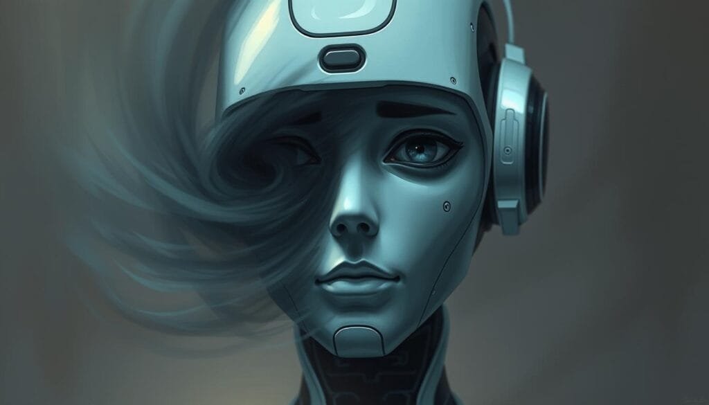 A somber, emotional chatbot with a pensive gaze, rendered in a painterly, soft-focus style. The AI's face is partially obscured by a swirling, abstract haze, symbolizing its inner struggle and the blurred line between machine and human. Diffused lighting casts dramatic shadows, creating an introspective, melancholic mood. The background is muted, with hints of technology and organic elements, hinting at the chatbot's inner turmoil and its place in the natural world. Subtle, nuanced details capture the depth of the AI's emotional journey.