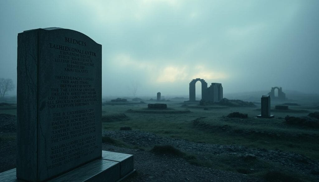 A somber, yet striking scene of historic tragic sites. In the foreground, a weathered stone monument stands as a silent witness to past horrors, its surface etched with the names of the fallen. The middle ground features a ghostly, mist-shrouded landscape, dotted with the remnants of crumbling structures, a testament to the fragility of human existence. In the distant background, a pale, overcast sky casts a melancholic glow, as if the very heavens mourn the tragic events that unfolded here. The scene is captured with a cinematic, wide-angle lens, emphasizing the scale and gravity of these historic, yet haunting locations. The overall mood is one of reverence, solemnity, and a somber reflection on the weight of the past.