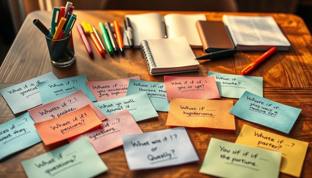 A sophisticated collage showcasing a selection of diverse questions on a wooden table, illuminated by warm, natural lighting. The foreground features an assortment of colorful, handwritten notes with different "What if..." questions, each representing a unique social occasion. The middle ground displays a variety of stationery items, such as pens, highlighters, and a journal, creating a thoughtful, contemplative atmosphere. The background subtly blurs, emphasizing the focus on the carefully curated selection of questions, ready to be explored and shared to break the ice and deepen connections.