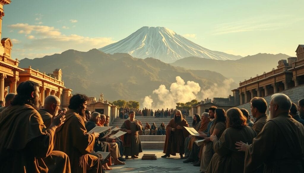 A spacious, grand amphitheater set against the backdrop of a looming, snow-capped mountain range. In the foreground, a lively debate unfolds, with scholars and historians engaged in animated discussion, gesturing passionately as they pore over ancient scrolls and texts. The lighting is warm and golden, casting a contemplative glow over the scene, as if illuminating the weight of the historical significance at hand. The middle ground features ornate columns and architectural details, hinting at the grandeur of the setting. In the distance, plumes of smoke rise, evoking the ominous presence of Mount Vesuvius, a subtle reminder of the pivotal moment in history that is the subject of this scholarly discourse.