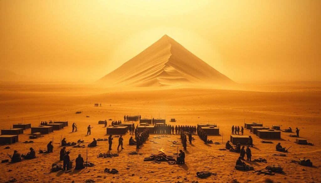 A sprawling ancient Persian army camp nestled in a vast, sun-scorched desert landscape. In the foreground, weary soldiers gather around campfires, debating alternative theories about their mysterious fate. In the middle ground, a towering sand dune rises ominously, hinting at the treacherous environment that may have consumed their lost comrades. The sky is a hazy, golden hue, casting an ethereal, foreboding atmosphere. The scene is bathed in warm, dramatic lighting, captured through a cinematic wide-angle lens that emphasizes the vastness of the desert setting. An air of mystery and historical intrigue permeates the scene, capturing the essence of the "lost army of Cambyses" and the enduring legends surrounding their disappearance.
