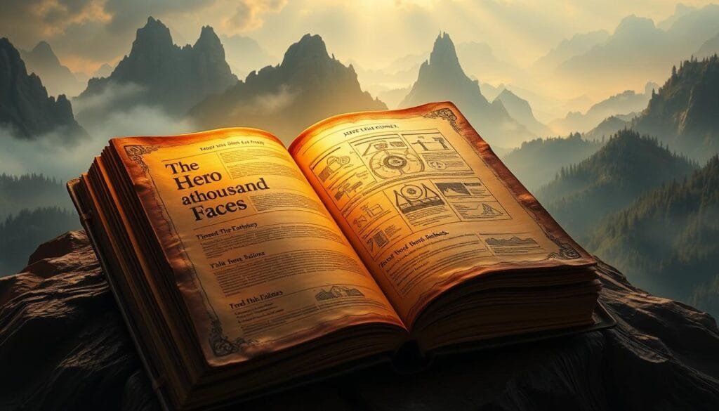 A sprawling, ancient-looking tome titled "The Hero with a Thousand Faces" by Joseph Campbell, its worn leather cover illuminated by a warm, golden light. The pages seem to glow with a mystical energy, revealing intricate diagrams and illustrations depicting the archetypal hero's journey. In the background, a hazy, dreamlike landscape unfolds, filled with towering mountains, dense forests, and winding rivers, hinting at the vast scope of Campbell's influential work on the universal patterns of myth and storytelling.
