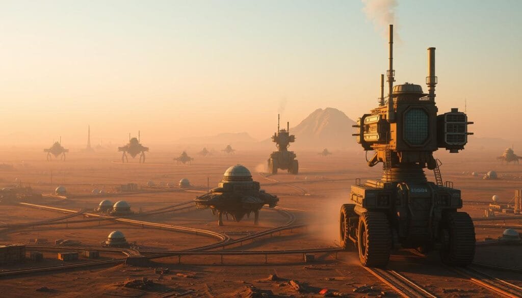 A sprawling, awe-inspiring vista of mobile cities on the move, their towering structures and mechanical appendages gliding across a vast, otherworldly landscape. In the foreground, a colossal, steam-powered "tractor" city rumbles forward, its metal-and-glass facades gleaming in the warm, golden light of a setting sun. In the middle ground, smaller mobile settlements dot the horizon, their modular, eco-domed habitats connected by intricate networks of elevated transit ways. In the distant background, a hazy silhouette of a mountainous, alien terrain provides a stark, natural counterpoint to the engineered wonders on display. The scene conveys a sense of pioneering exploration, technological innovation, and humanity's quest to conquer and adapt to new frontiers.