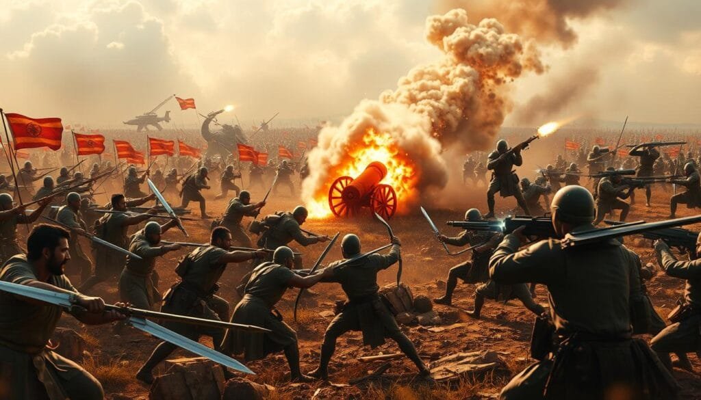 A sprawling battlefield unfolds, depicting the evolution of weaponry before and after the invention of gunpowder. In the foreground, ancient warriors wielding swords, spears, and bows engage in close-quarters combat, their expressions fierce and determined. In the middle ground, a burst of smoke and fire erupts as a cannon discharges, signifying the technological leap ushered in by black powder. In the distance, futuristic soldiers armed with advanced rifles and energy weapons battle, hinting at the continued revolution in weapon design. The scene is bathed in a warm, golden light, evoking a sense of both historical significance and technological progress. Intricate details and textures bring this pivotal moment in the history of warfare to life.