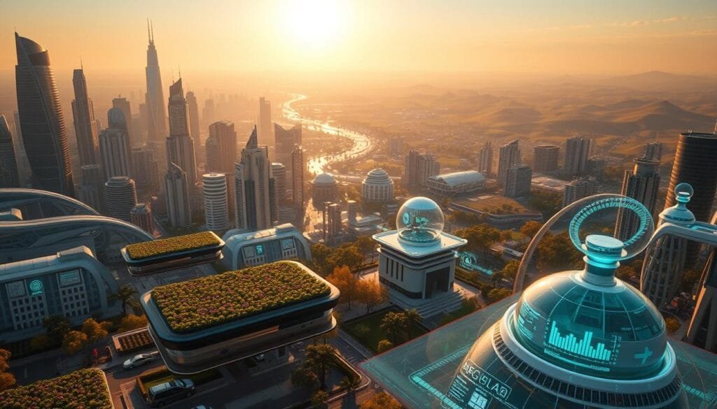 A sprawling cityscape of gleaming skyscrapers and futuristic architecture, bathed in a warm, golden glow from the setting sun. In the foreground, advanced eco-friendly technologies are on display - floating hydroponic gardens, sleek electric vehicles, and intricate renewable energy systems. The middle ground features holographic displays showcasing data visualizations and simulations related to environmental sustainability. In the background, a vast, otherworldly landscape of rolling hills and alien flora, hinting at the vast potential of science fiction-inspired solutions to combat climate change. The scene exudes a sense of technological optimism and a harmonious balance between humanity and the natural world.