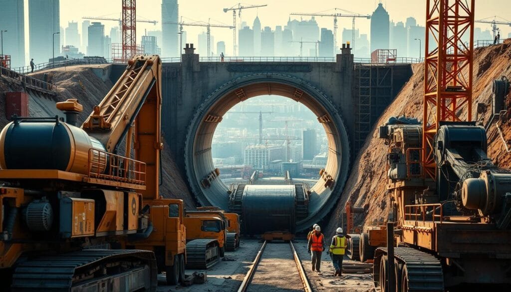 A sprawling construction site in the heart of a bustling city, where engineers and workers meticulously plan and execute the intricate process of tunnel building. In the foreground, heavy machinery and excavation equipment stand ready, their powerful hydraulics and gears gleaming under the warm, directional lighting. In the middle ground, a cross-section of the tunnel's internal structure is visible, showcasing the innovative techniques and materials used to reinforce the walls and ensure structural integrity. The background is a hazy panorama of skyscrapers and cranes, hinting at the scale and complexity of the overall project. The scene conveys a sense of precision, progress, and the seamless integration of technology and human ingenuity in the pursuit of this ambitious underground infrastructure.