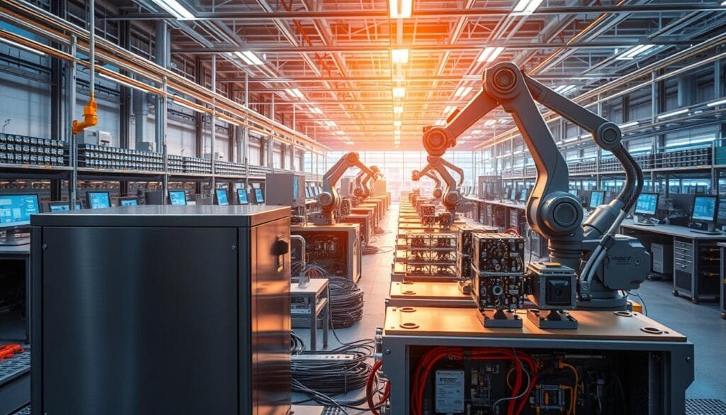 A sprawling, detailed scene showcasing the innovations in energy storage, automation, and electrical engineering. In the foreground, a sleek, next-generation energy storage system, its metallic casing gleaming under warm, directional lighting. In the middle ground, advanced robotic arms precisely assembling complex electrical components, their movements fluid and graceful. In the background, a vast, high-tech laboratory bustling with activity, banks of monitors and diagnostic equipment lining the walls, all bathed in a cool, blue-tinged illumination. The overall atmosphere is one of awe-inspiring technological progress, hinting at the boundless potential of human ingenuity and innovation in these critical, emerging fields.
