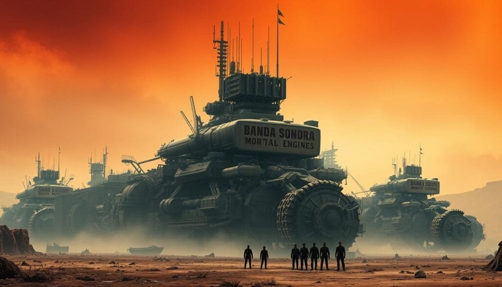 A sprawling, dystopian city in motion, gears and pistons churning as it trundles across a desolate, post-apocalyptic landscape. Towering metal structures loom overhead, their facades adorned with the bold title "Banda Sonora Mortal Engines". The sky is a hazy, rust-colored hue, casting an ominous glow over the scene. In the foreground, a group of figures stand watch, their silhouettes partially obscured by the looming machinery. The overall atmosphere is one of awe-inspiring scale, technological might, and a sense of foreboding, reflecting the cultural and cinematic impact of this imaginative sci-fi concept.
