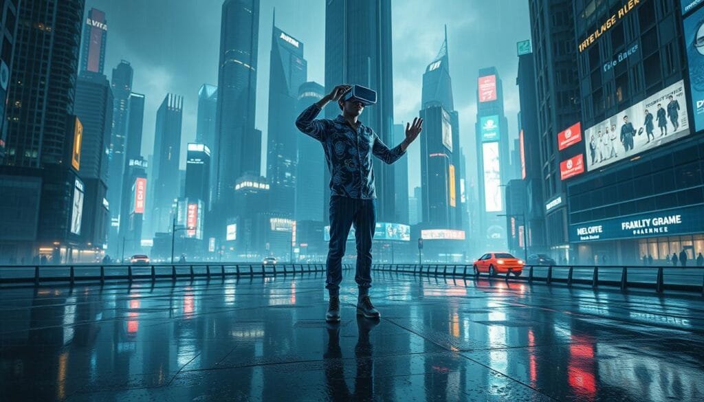 A sprawling futuristic cityscape, its towering skyscrapers and neon-lit streets reflected in a rain-soaked pavement. In the foreground, a lone figure stands, immersed in a virtual reality headset, their movements and gestures mirrored by a holographic avatar rendered with meticulous detail. The scene is bathed in a cool, cyberpunk-inspired color palette, with shafts of light streaming through the urban landscape, creating dramatic shadows and highlights. The overall atmosphere conveys a sense of technological innovation, immersive gameplay, and the blurring boundaries between the digital and physical realms.