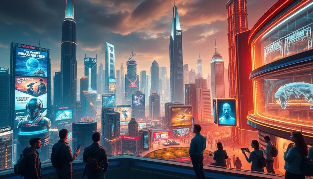 A sprawling futuristic cityscape, with towering skyscrapers and holographic billboards advertising the latest gaming technologies. In the foreground, a group of entrepreneurs and game developers discuss their innovative business models, from cloud gaming platforms to blockchain-powered virtual worlds. The middle ground features a bustling tech expo, where the latest gaming hardware and software are on display, immersing visitors in seamless, photorealistic experiences. In the background, a gleaming, high-tech research facility showcases the cutting-edge AI and machine learning algorithms powering the next generation of gaming. The scene is bathed in a warm, neon-tinged glow, suggesting a vibrant, dynamic, and forward-looking industry.